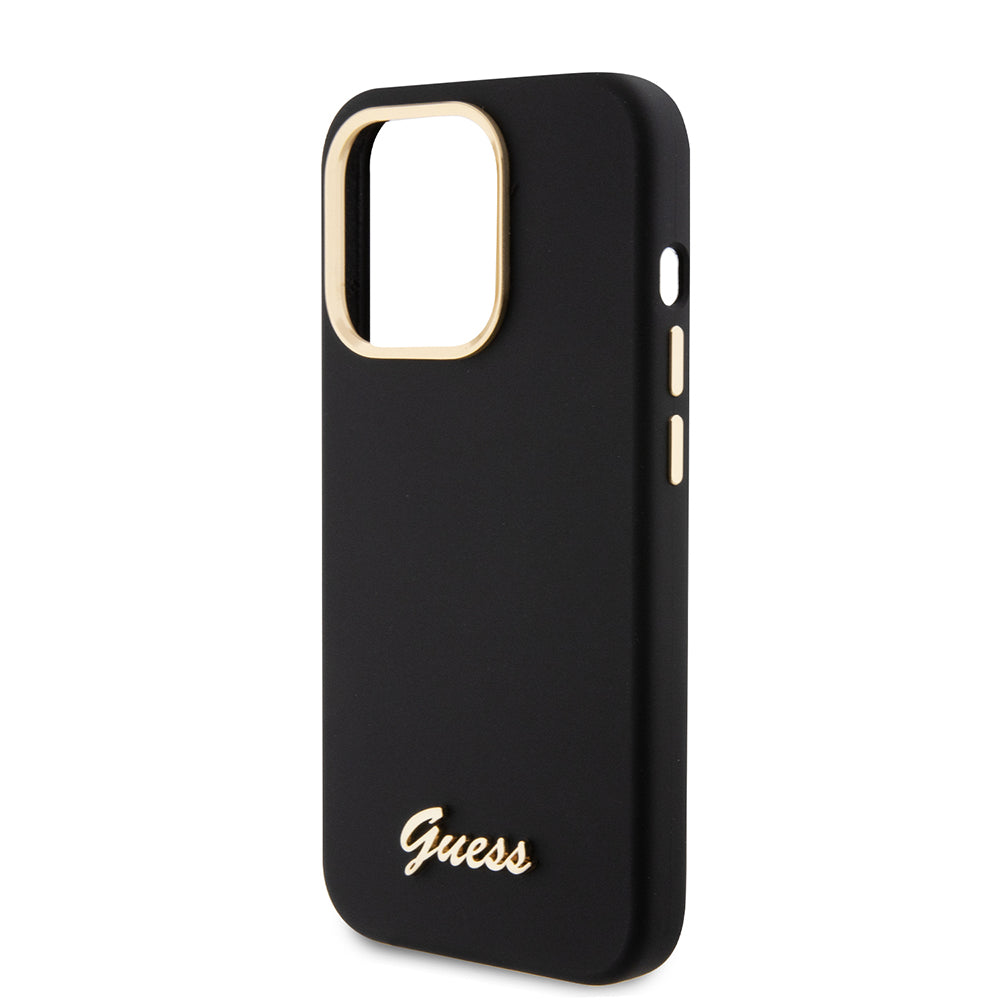 Husa de protectie Guess Silicone Script Metal Logo & Frame (GUHCP15LSMBSLK) compatibil cu iPhone 15 Pro, Negru