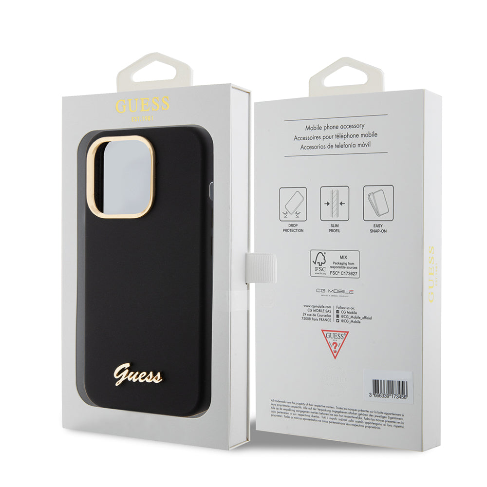 Husa de protectie Guess Silicone Script Metal Logo & Frame (GUHCP15LSMBSLK) compatibil cu iPhone 15 Pro, Negru