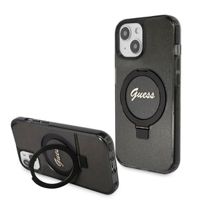Husa de protectie Guess Ring Stand Script Glitter MagSafe (GUHMP15SHRSGSK) compatibil cu iPhone 15, Negru