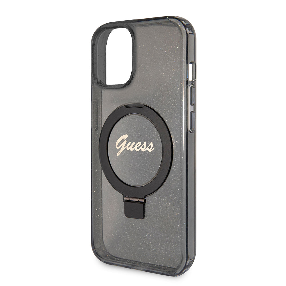 Husa de protectie Guess Ring Stand Script Glitter MagSafe (GUHMP15SHRSGSK) compatibil cu iPhone 15, Negru