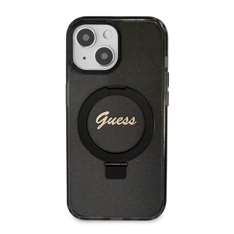 Husa de protectie Guess Ring Stand Script Glitter MagSafe (GUHMP15SHRSGSK) compatibil cu iPhone 15, Negru