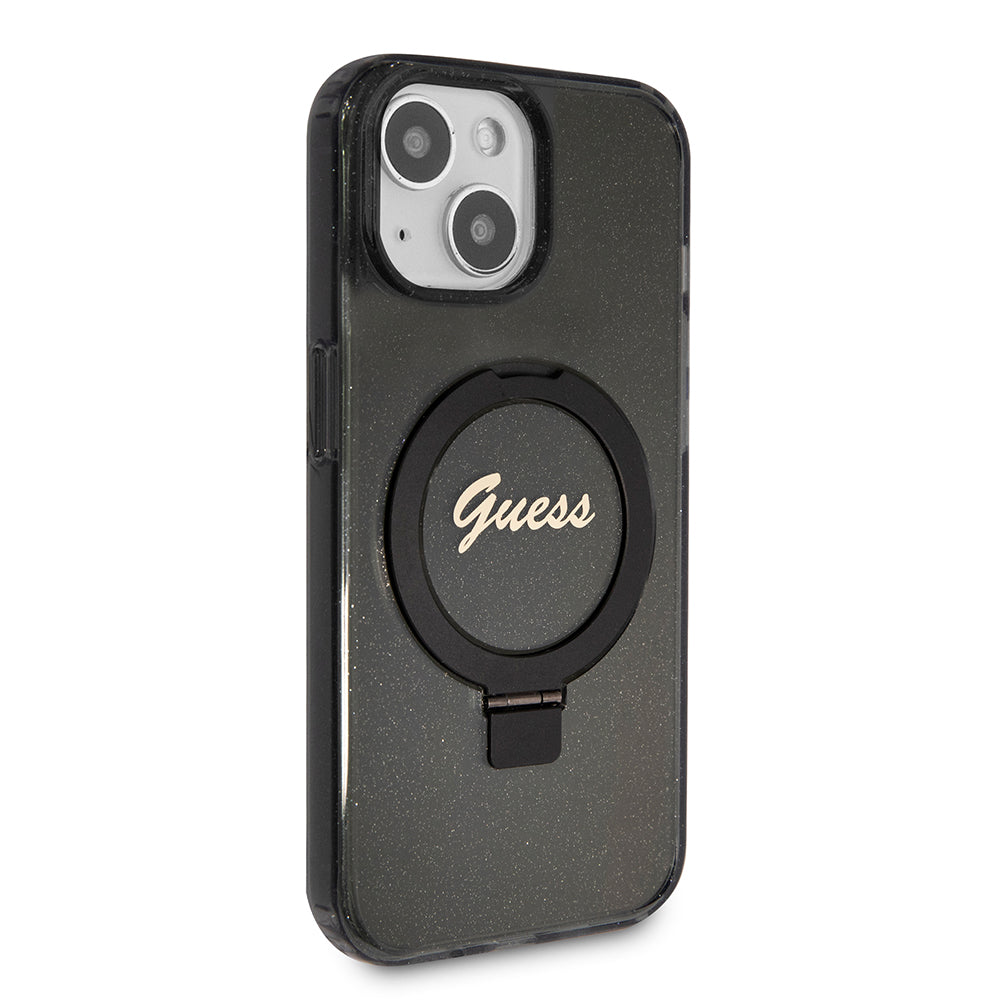Husa de protectie Guess Ring Stand Script Glitter MagSafe (GUHMP15SHRSGSK) compatibil cu iPhone 15, Negru