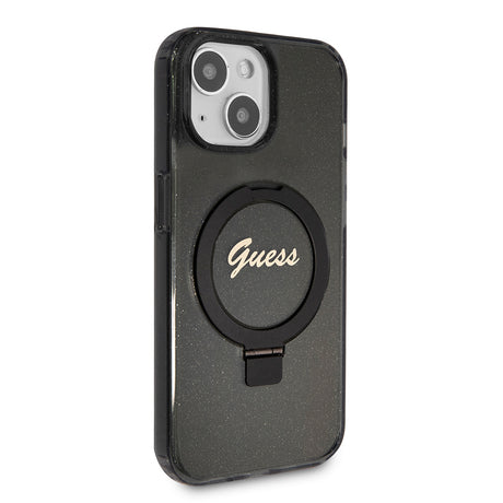 Husa de protectie Guess Ring Stand Script Glitter MagSafe (GUHMP15SHRSGSK) compatibil cu iPhone 15, Negru