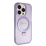 Husa de protectie Guess Ring Stand Script Glitter MagSafe compatibil cu iPhone 15 Pro (GUHMP15LHRSGSU), Mov