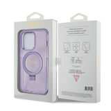 Husa de protectie Guess Ring Stand Script Glitter MagSafe compatibil cu iPhone 15 Pro (GUHMP15LHRSGSU), Mov