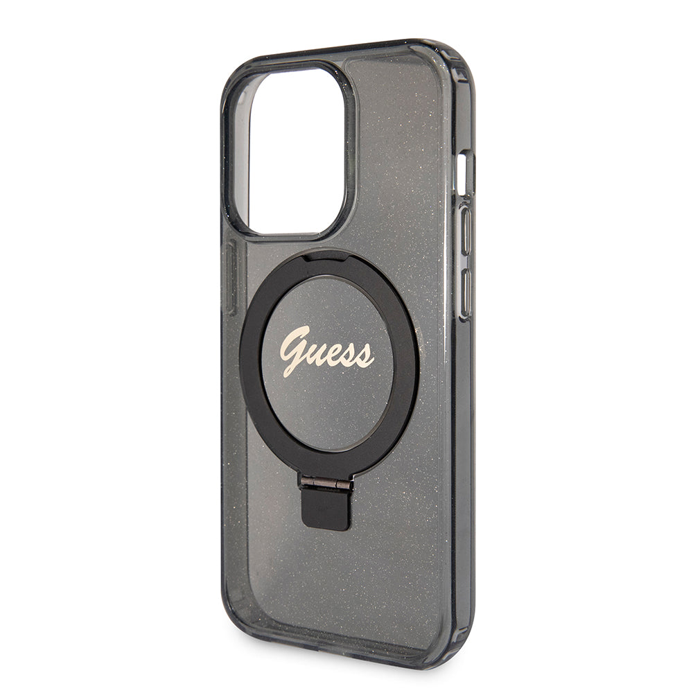 Husa de protectie Guess Ring Stand Script Glitter MagSafe (GUHMP15LHRSGSK) compatibil cu iPhone 15 Pro, Negru