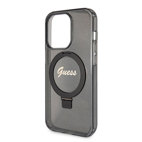 Husa de protectie Guess Ring Stand Script Glitter MagSafe (GUHMP15LHRSGSK) compatibil cu iPhone 15 Pro, Negru