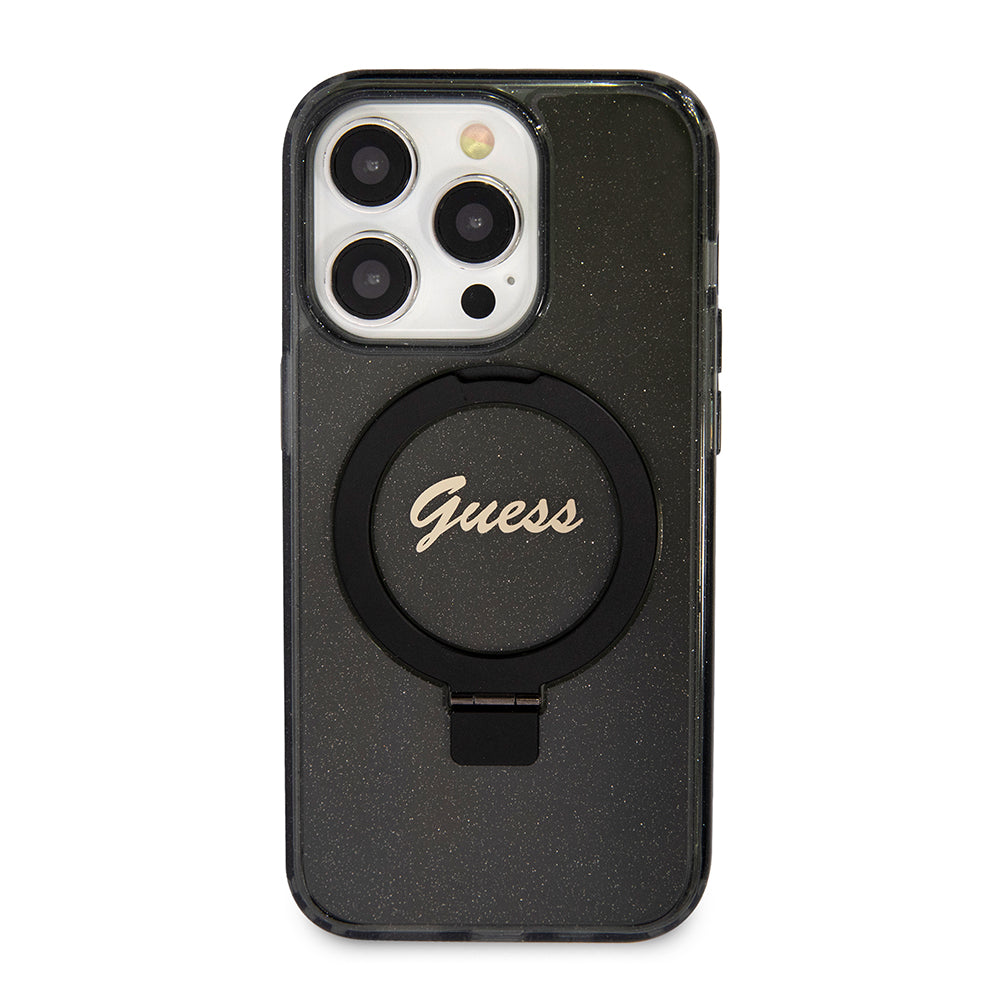 Husa de protectie Guess Ring Stand Script Glitter MagSafe (GUHMP15LHRSGSK) compatibil cu iPhone 15 Pro, Negru
