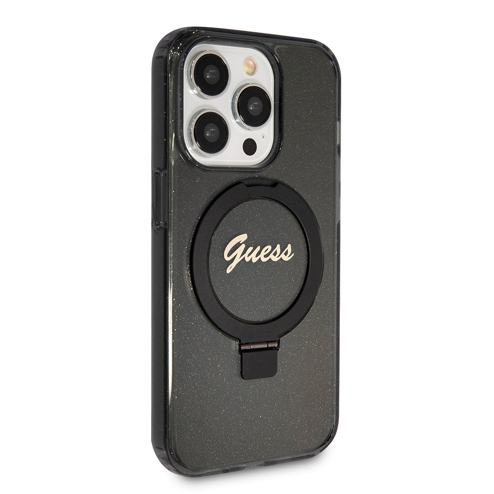 Husa de protectie Guess Ring Stand Script Glitter MagSafe (GUHMP15LHRSGSK) compatibil cu iPhone 15 Pro, Negru