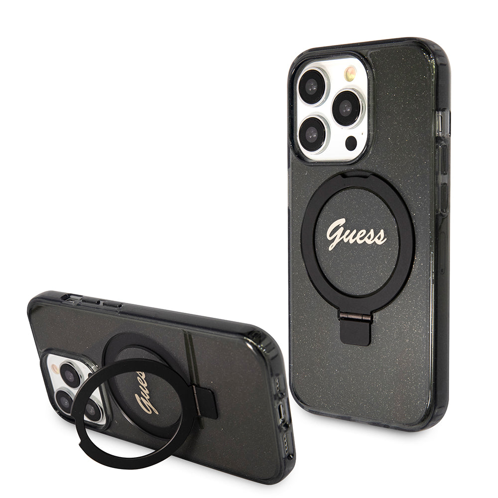 Husa de protectie Guess Ring Stand Script Glitter MagSafe (GUHMP15LHRSGSK) compatibil cu iPhone 15 Pro, Negru