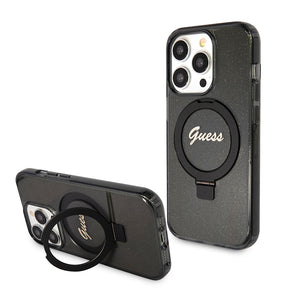 Husa de protectie Guess Ring Stand Script Glitter MagSafe (GUHMP15LHRSGSK) compatibil cu iPhone 15 Pro, Negru