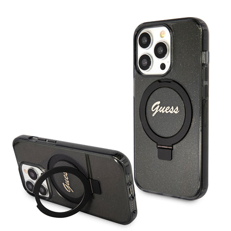 Husa de protectie Guess Ring Stand Script Glitter MagSafe (GUHMP15LHRSGSK) compatibil cu iPhone 15 Pro, Negru