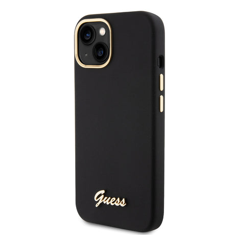 Husă Guess Silicone Script Metal Logo & Frame neagră pentru iPhone 15