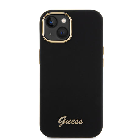 Husă Guess Silicone Script Metal Logo & Frame neagră pentru iPhone 15