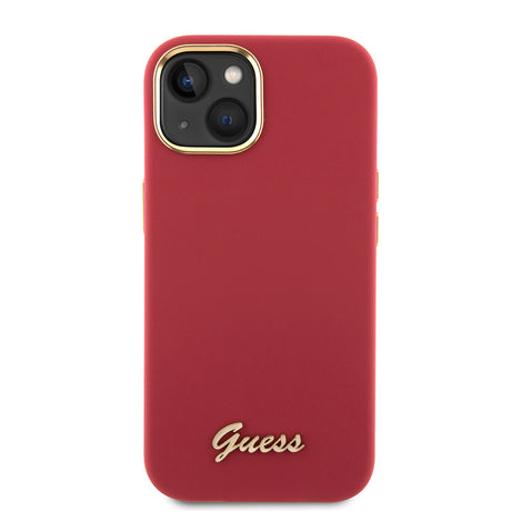Husă Guess Silicone Script Metal Logo & Frame roșie pentru iPhone 15