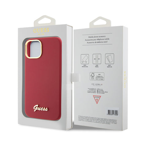Husă Guess Silicone Script Metal Logo & Frame roșie pentru iPhone 15