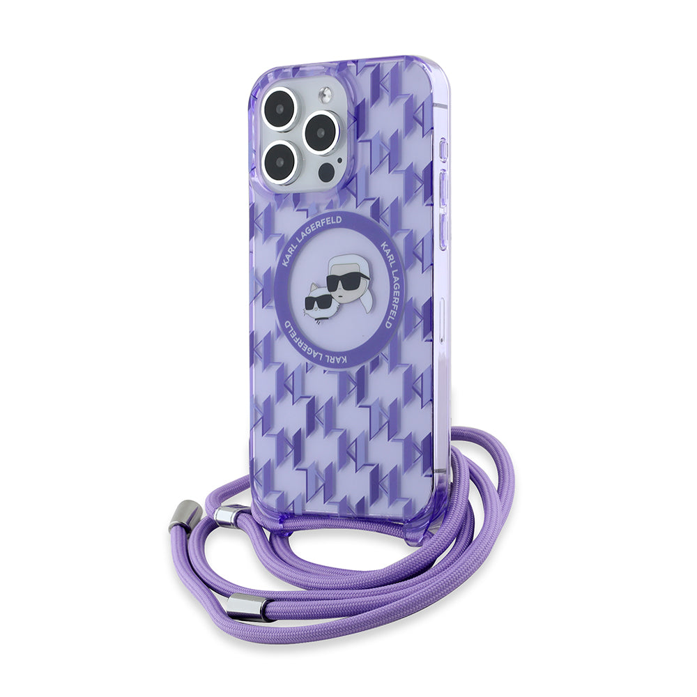 Husa de protectie Karl Lagerfeld IML Crossbody MagSafe (KLHMP15XHCKCKLCU) compatibil cu iPhone 15 Pro Max, Mov Monogram Karl&Choupette Head