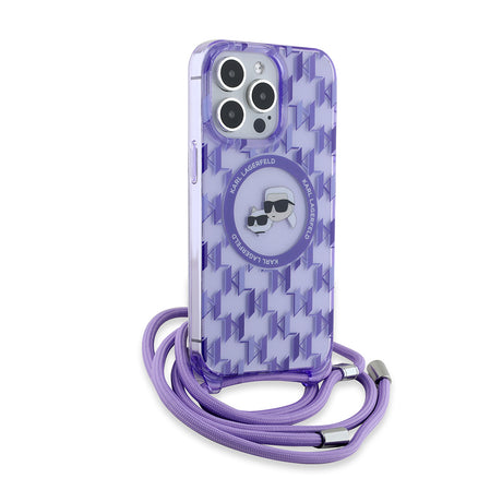 Husa de protectie Karl Lagerfeld IML Crossbody MagSafe (KLHMP15XHCKCKLCU) compatibil cu iPhone 15 Pro Max, Mov Monogram Karl&Choupette Head