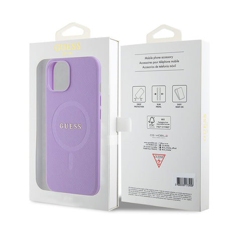 Husa de protectie Guess Saffiano MagSafe (GUHMP15SPSAHMCU) compatibil cu iPhone 15, Mov