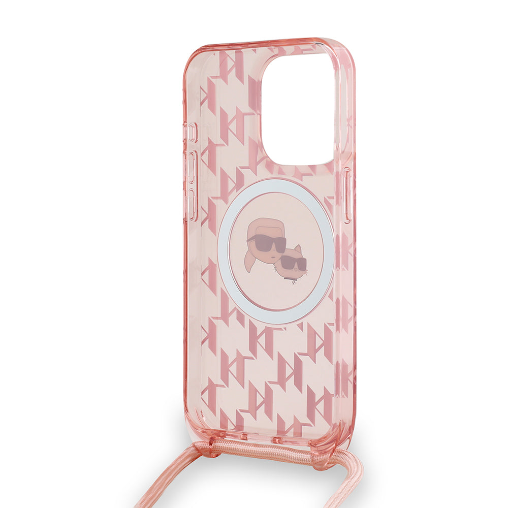 Husa de protectie Karl Lagerfeld IML Crossbody MagSafe (KLHMP15XHCKCKLCP) compatibil cu iPhone 15 Pro Max, Roz Monogram Karl&Choupette Head