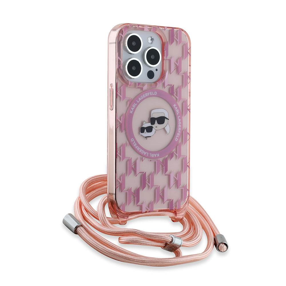 Husa de protectie Karl Lagerfeld IML Crossbody MagSafe (KLHMP15XHCKCKLCP) compatibil cu iPhone 15 Pro Max, Roz Monogram Karl&Choupette Head