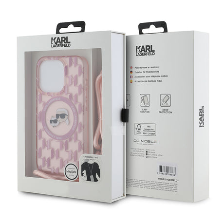 Husa de protectie Karl Lagerfeld IML Crossbody MagSafe (KLHMP15XHCKCKLCP) compatibil cu iPhone 15 Pro Max, Roz Monogram Karl&Choupette Head