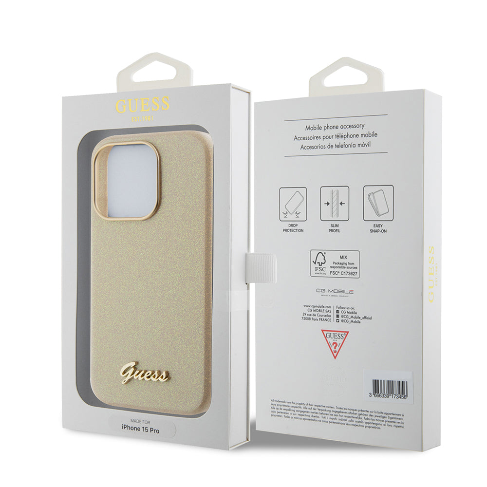 Husa de protectie Guess Glitter Glossy Script (GUHCP15XPGMCSD) compatibil cu iPhone 15 Pro Max, Sparkle Beige