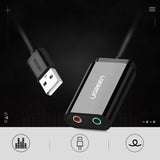 Adaptor Ugreen External Sound Adapter US205 (30724), USB2.0 to Headphone Jack, Microphone Jack, Immersive Effects, 0.2m, Negru
