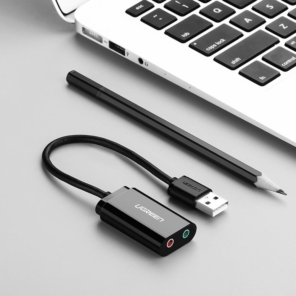 Adaptor Ugreen External Sound Adapter US205 (30724), USB2.0 to Headphone Jack, Microphone Jack, Immersive Effects, 0.2m, Negru