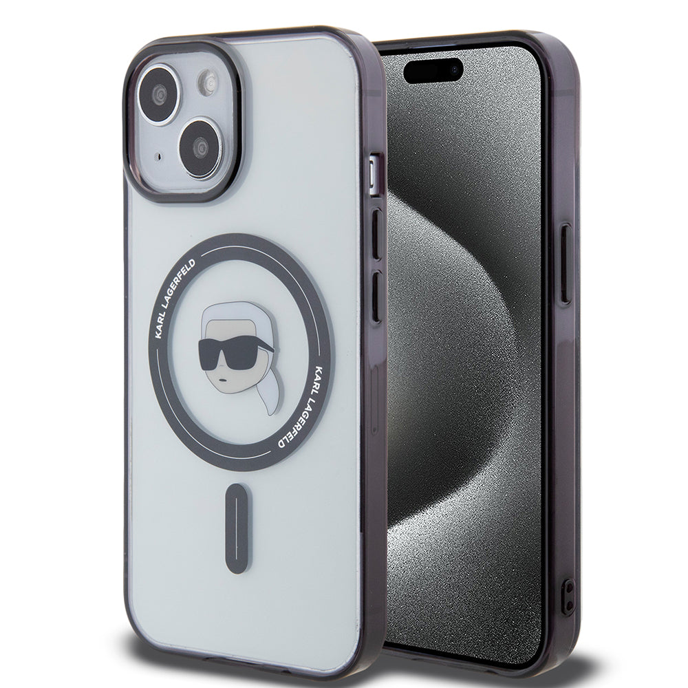 Husa de protectie Karl Lagerfeld IML MagSafe (KLHMP15SHKHNOTK) compatibil cu iPhone 15, Transparent Karl`S Head