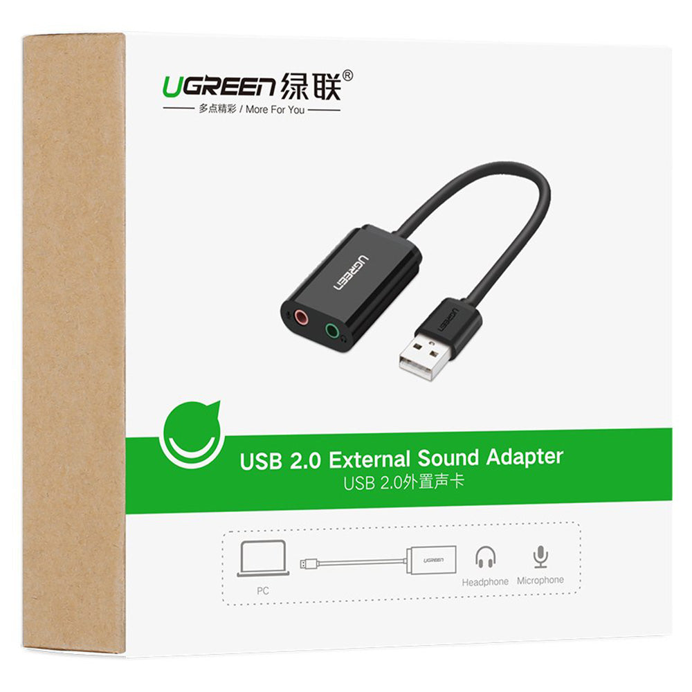 Adaptor Ugreen External Sound Adapter US205 (30724), USB2.0 to Headphone Jack, Microphone Jack, Immersive Effects, 0.2m, Negru