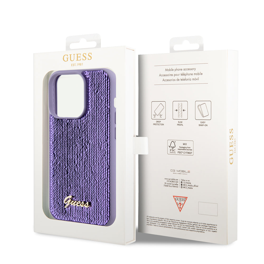 Husa de protectie Guess Sequin Script Metal (GUHCP15LPSFDGSU) compatibil cu iPhone 15 Pro, Mov