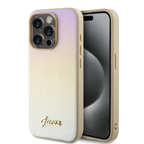 Husa de protectie Guess Saffiano Iridescent Script (GUHCP15LPSAIRSD) compatibil cu iPhone 15 Pro, Auriu