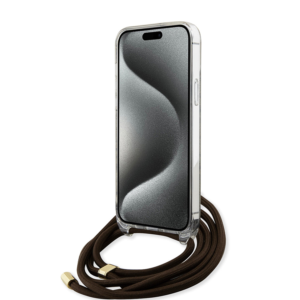 Husa de protectie Guess Crossbody Cord 4G Print (GUHCP15LHC4SEW) compatibil cu iPhone 15 Pro, Maro
