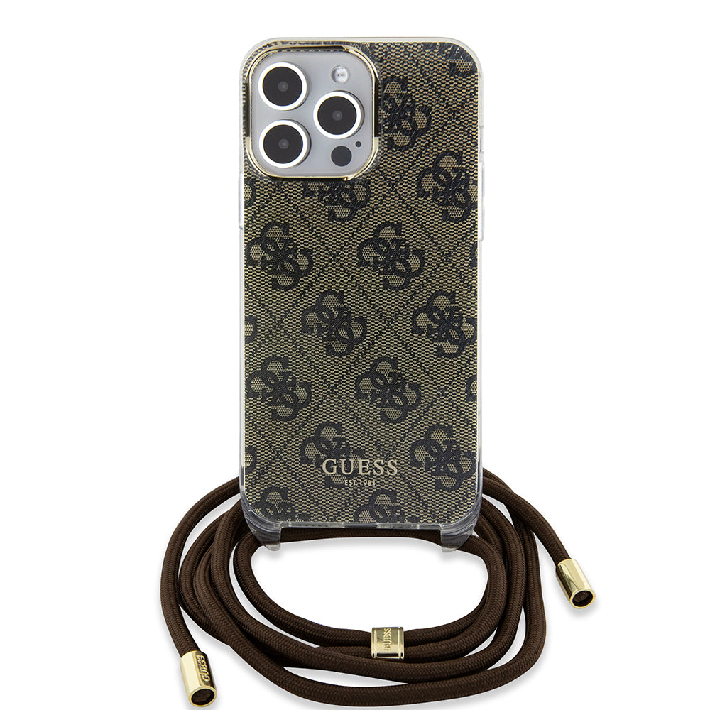 Husa de protectie Guess Crossbody Cord 4G Print (GUHCP15LHC4SEW) compatibil cu iPhone 15 Pro, Maro