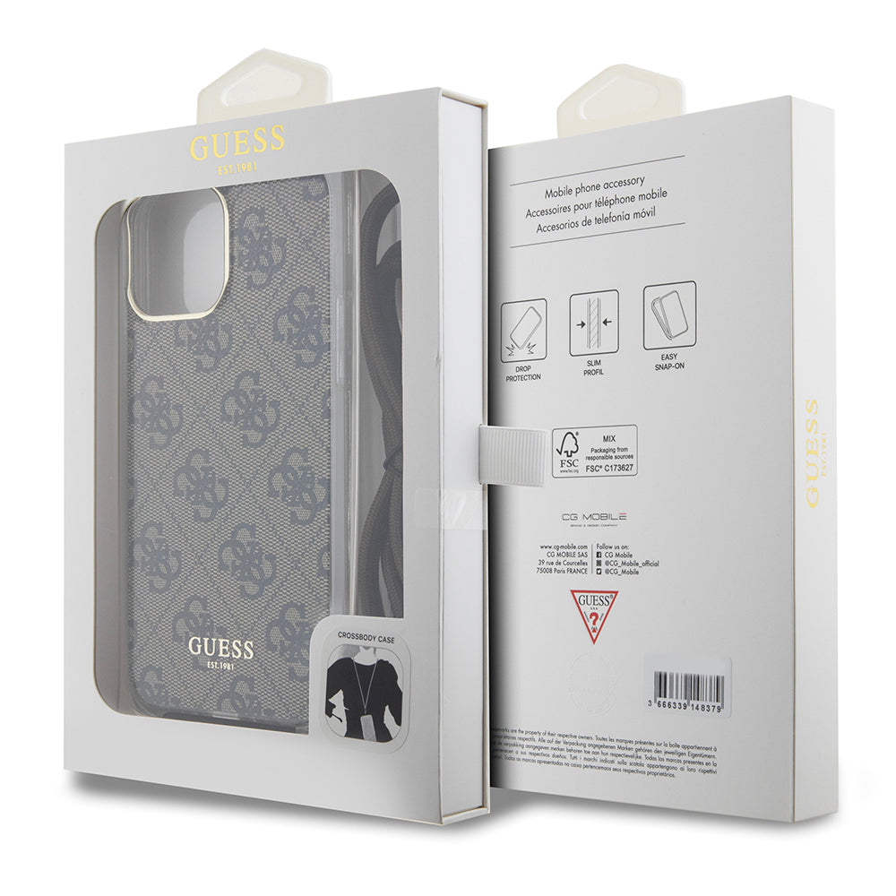 Husa de protectie Guess Crossbody Cord 4G Print (GUHCP15LHC4SEW) compatibil cu iPhone 15 Pro, Maro