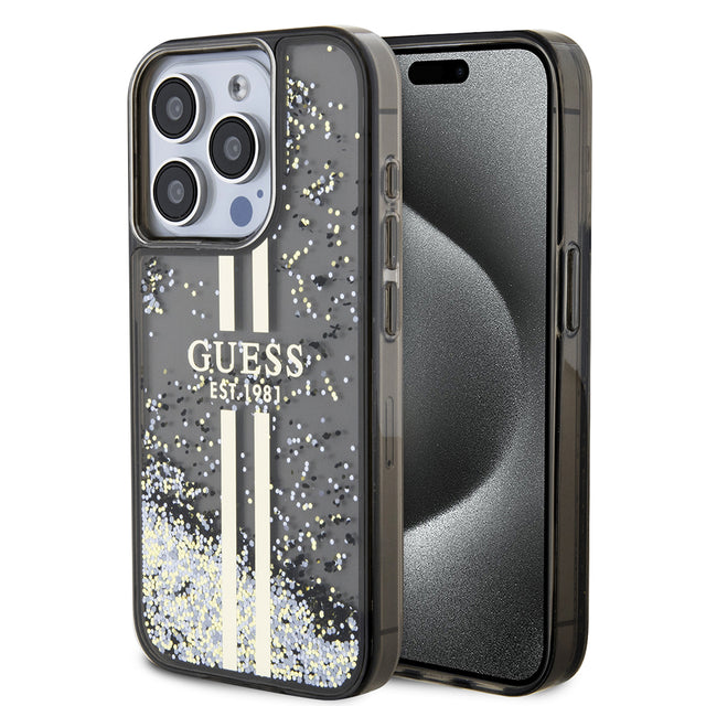 Husa de protectie Guess Liquid Glitter Gold Stripes (GUHCP15LLFCSEGK) compatibil cu iPhone 15 Pro, Negru