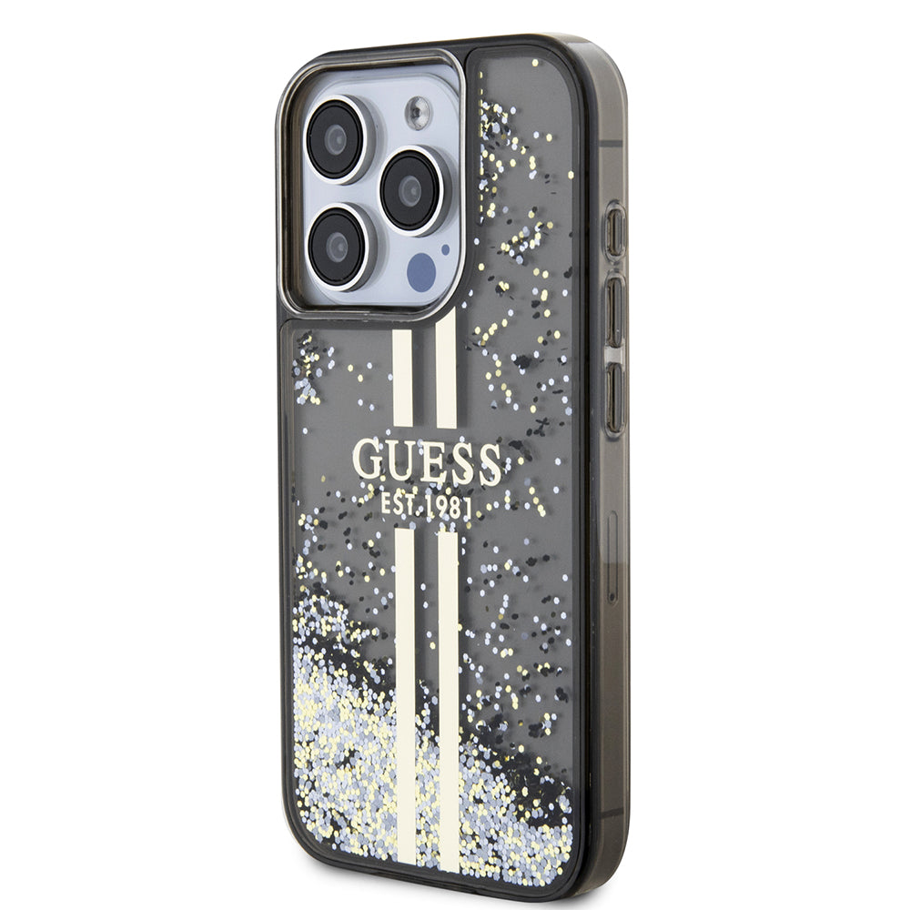 Husa de protectie Guess Liquid Glitter Gold Stripes (GUHCP15LLFCSEGK) compatibil cu iPhone 15 Pro, Negru