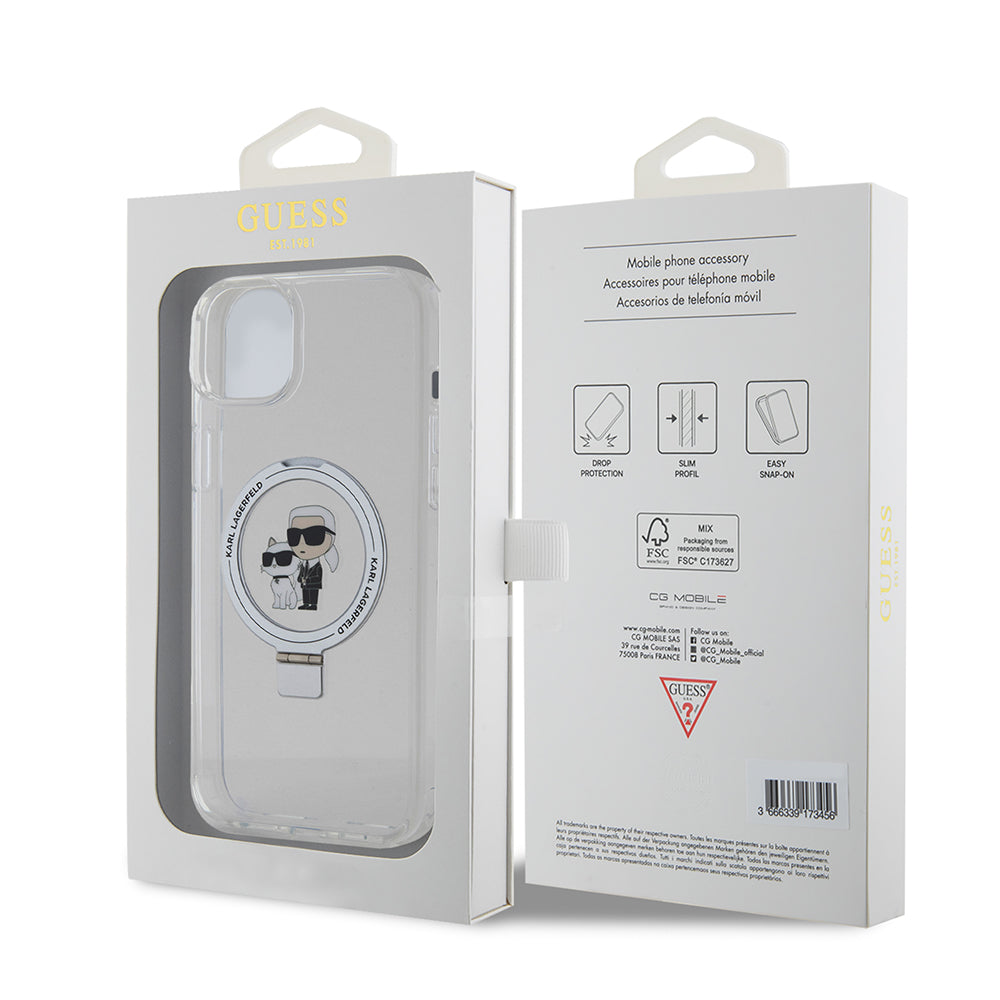 Husa de protectie Karl Lagerfeld Hardcase Ring Stand MagSafe (KLHMP15MHMRSKCH) compatibil cu iPhone 15 Plus, Alb Karl&Choupette