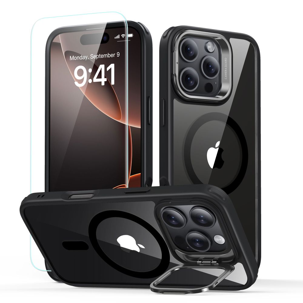 Folie de protectie ESR Classic Hybrid HaloLock Kickstand + Tempered Glass compatibil cu iPhone 16 Pro, Transparent Black