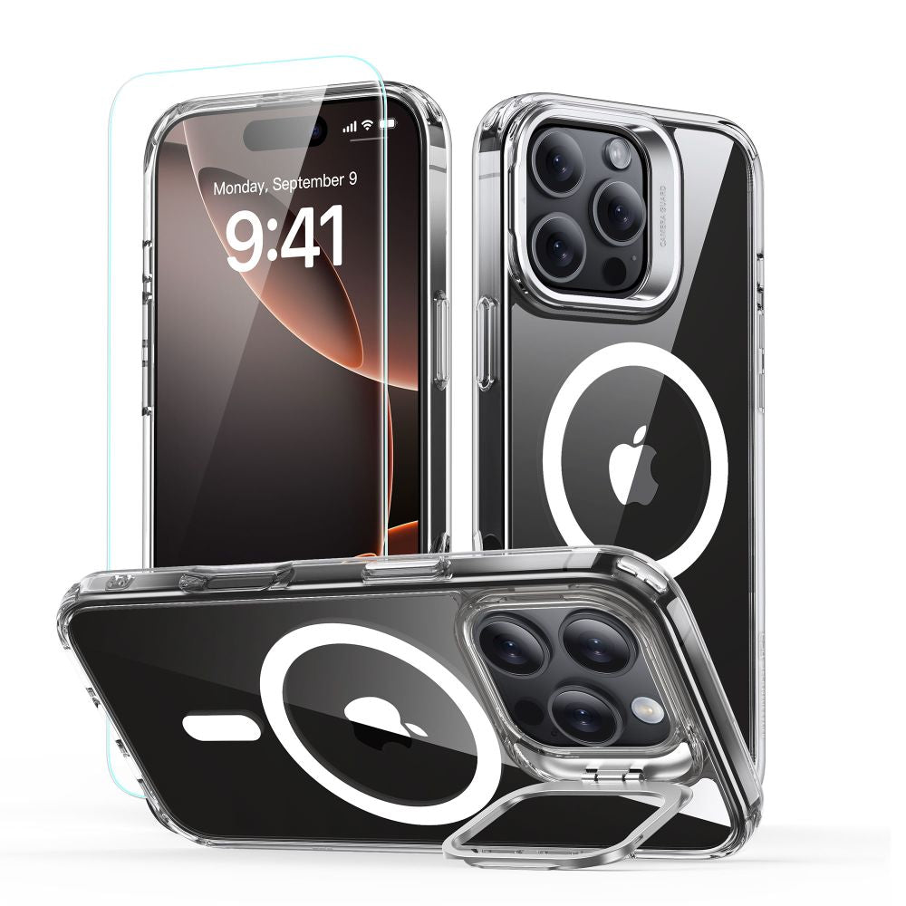 Folie de protectie ESR Classic Hybrid HaloLock Kickstand + Tempered Glass compatibil cu iPhone 16 Pro Max, Transparent