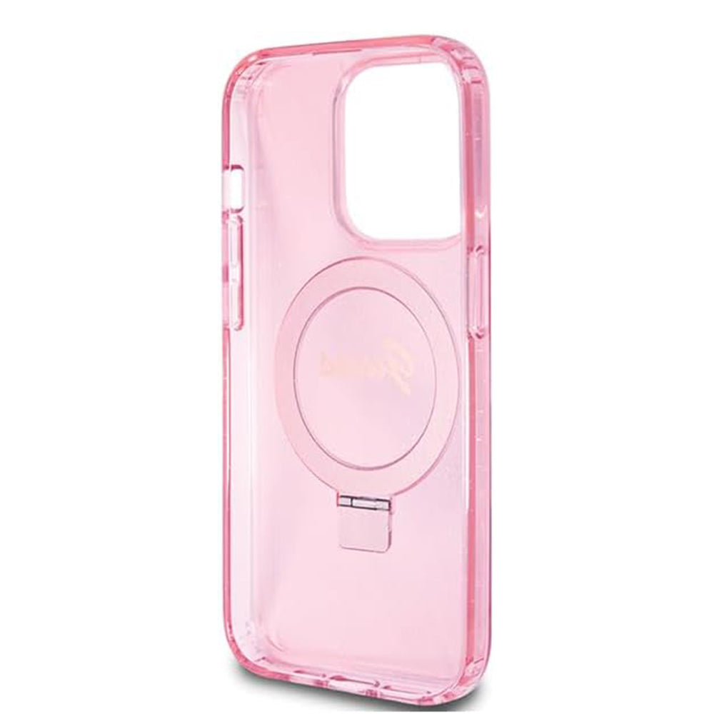 Husa de protectie Guess Ring Stand Script Glitter MagSafe (GUHMP15LHRSGSP) compatibil cu iPhone 15 Pro, Roz