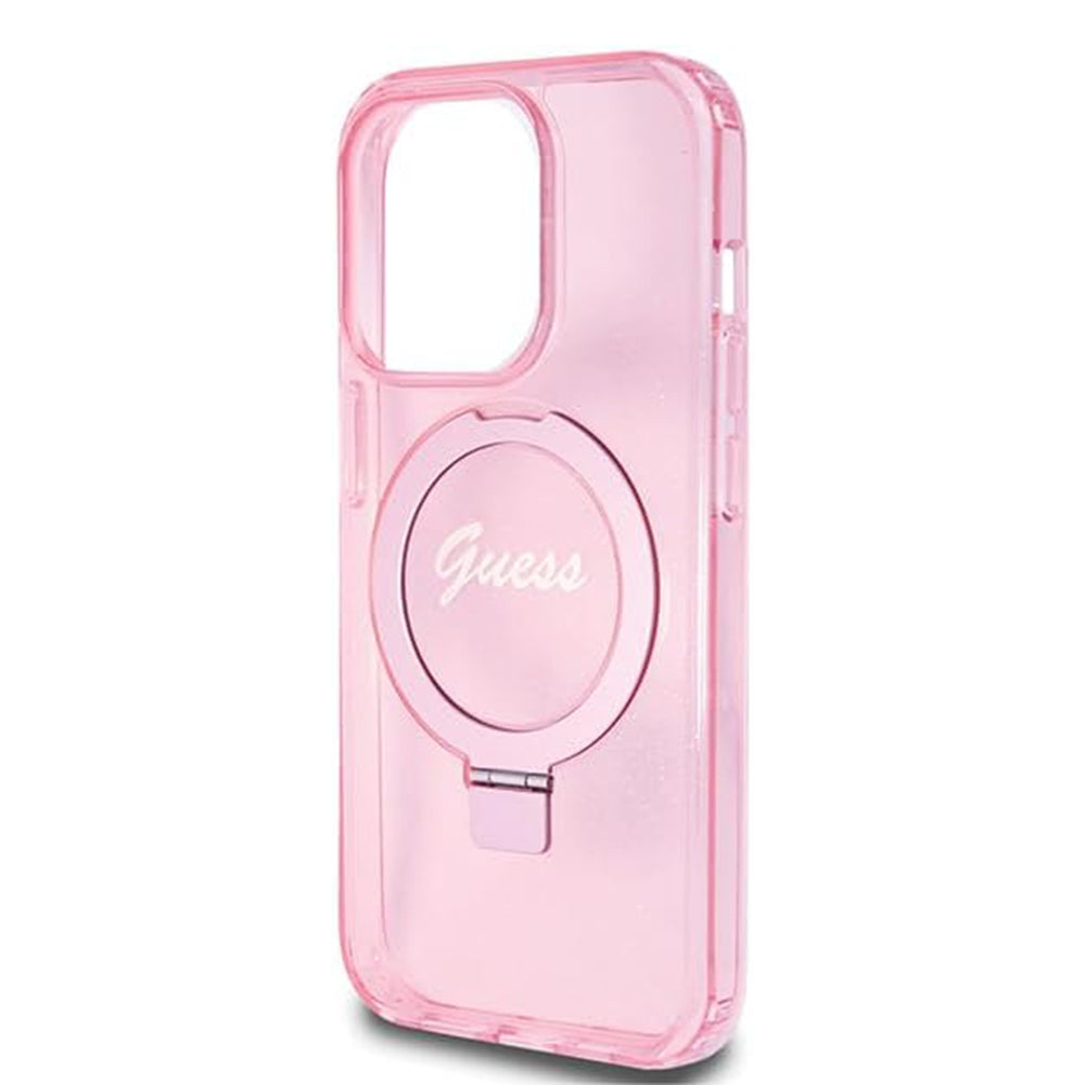 Husa de protectie Guess Ring Stand Script Glitter MagSafe (GUHMP15LHRSGSP) compatibil cu iPhone 15 Pro, Roz
