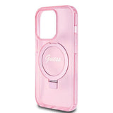 Husa de protectie Guess Ring Stand Script Glitter MagSafe (GUHMP15LHRSGSP) compatibil cu iPhone 15 Pro, Roz