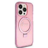 Husa de protectie Guess Ring Stand Script Glitter MagSafe (GUHMP15LHRSGSP) compatibil cu iPhone 15 Pro, Roz