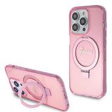 Husa de protectie Guess Ring Stand Script Glitter MagSafe (GUHMP15LHRSGSP) compatibil cu iPhone 15 Pro, Roz