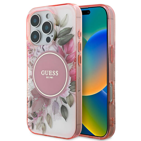 Husa de protectie Guess IML Flower & Tonal Circle MagSafe (GUHMP16XHFWBDCEP) compatibil cu iPhone 16 Pro Max, Roz