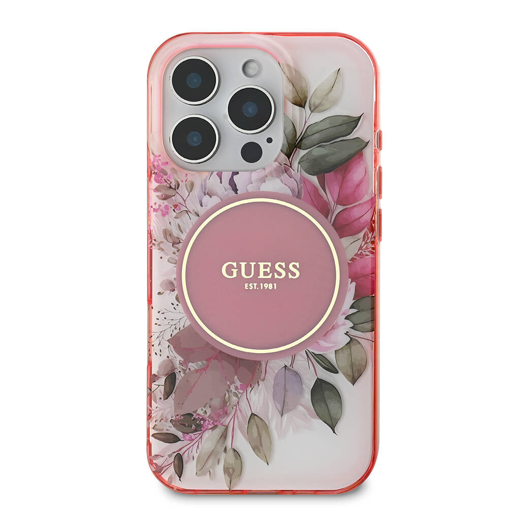 Husa de protectie Guess IML Flower & Tonal Circle MagSafe (GUHMP16XHFWBDCEP) compatibil cu iPhone 16 Pro Max, Roz