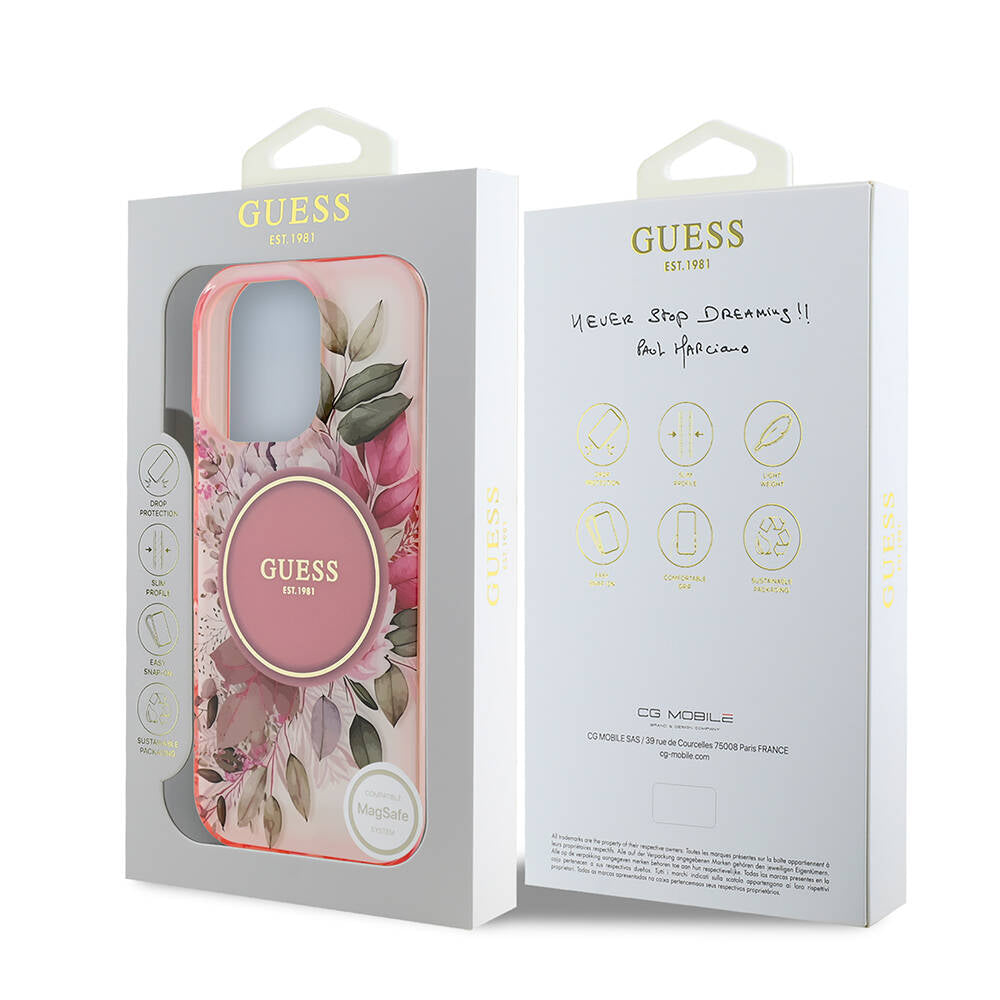 Husa de protectie Guess IML Flower & Tonal Circle MagSafe (GUHMP16XHFWBDCEP) compatibil cu iPhone 16 Pro Max, Roz