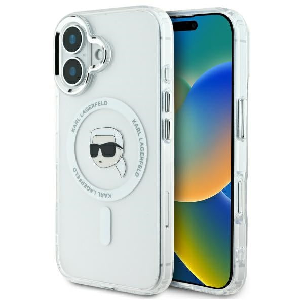 Husa de protectie Karl Lagerfeld IML MagSafe (KLHMP16MHLSKIH) compatibil cu iPhone 16 Plus, Alb Karl`S Head